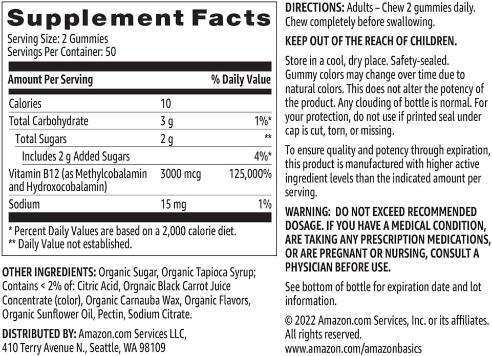 Amazon Basics Vitamin B12 3000 mcg Gummies - Energize Food Supplements Palestine